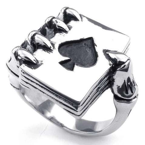 Men Vintage Alloy Ring With Skeleton Hand Holding Ace Of Spades Poker Card Punk Gothic Jewelry Retro Antique Silver Color
