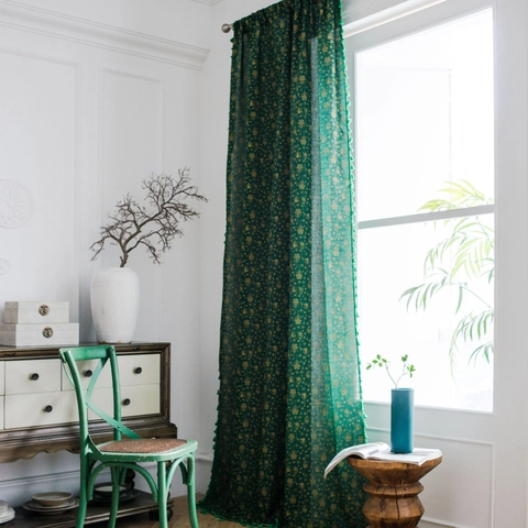 Christmas Green Gold Stamping Cotton Linen Curtain With Tassel Fringe Semi Shading Window Decoration For Kitchen