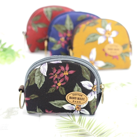 Floral Cotton Coin Purse Semi Circle Key Bag With Zipper Metal Ring Portable Wallet Hand Made Style For Women Girls