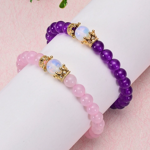 Natural Stone Beaded Bracelet Copper Micro Paved Zircon Crown Charm Healing Crystal Jewelry Elastic Women Men
