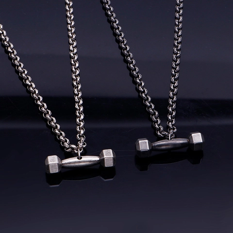 Dumbbell Pendant Necklace Stainless Steel Heavy Thick O-Chain Fitness Bodybuilding Gym Vintage Jewelry For Men Women