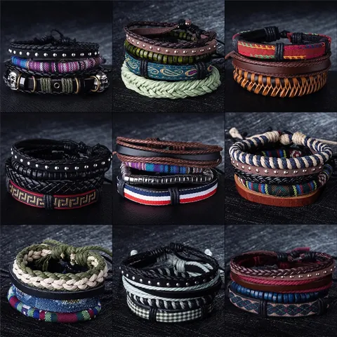 Handmade Multi Layer Bracelet Leather Wood Bead Woven Friendship Jewelry Vintage Bohemian Punk Style Women Men