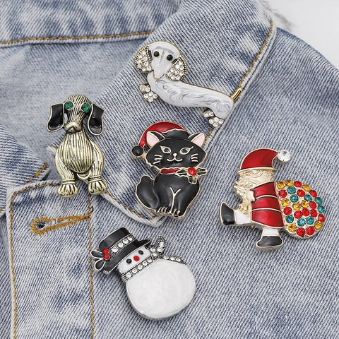 Spille Di Natale Lega Smalto Strass Babbo Natale Pupazzo Di Neve Gatto Cane Gioielli Regalo Accessori Donna