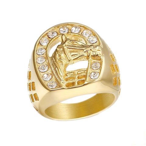 Anello Hip Hop con Testa di Cavallo e Ferro di Cavallo in Acciaio al Titanio con Strass Intarsiati Gioielli Moda Uomo Oro Argento