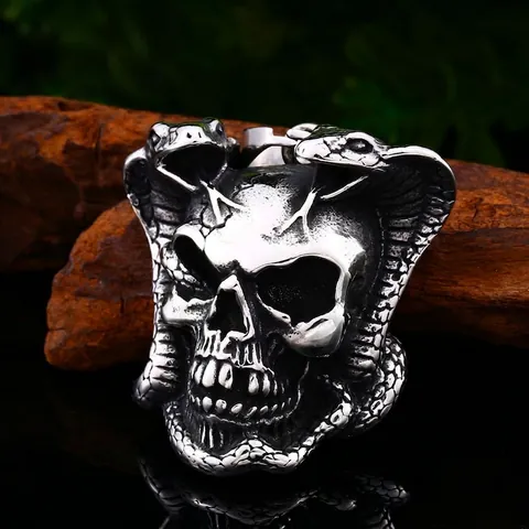 Schädel Und Doppel Schlange Anhänger 316L Edelstahl Oxidierte Ausführung Gotisch Punk Rock Biker Schmuck Für Herren