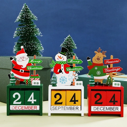 Christmas Wooden Perpetual Calendar Desktop Ornament Countdown Block Santa Snowman Reindeer Festive Home Office Decoration