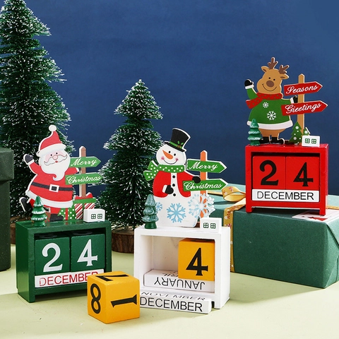 Christmas Wooden Perpetual Calendar Desktop Ornament Countdown Block Santa Snowman Reindeer Festive Home Office Decoration