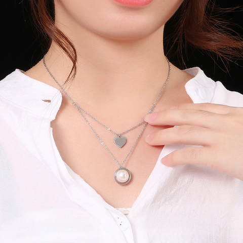 Collar De Acero Inoxidable De Doble Capa Con Colgantes De Corazón Y Estrella Y Diseño De Planeta De Perlas Artificiales Joyería Para Mujer Regalo