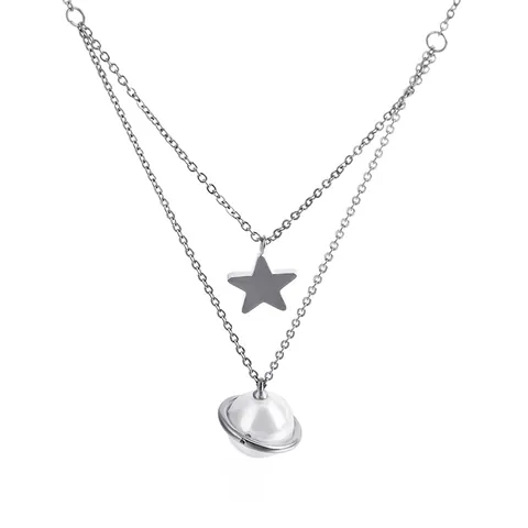 Collar De Acero Inoxidable De Doble Capa Con Colgantes De Corazón Y Estrella Y Diseño De Planeta De Perlas Artificiales Joyería Para Mujer Regalo