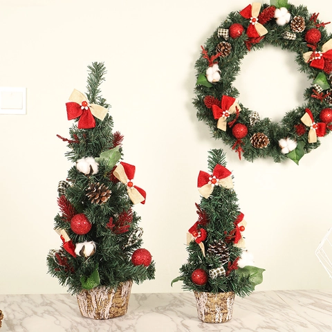 Mini Albero Di Natale Artificiale Decorazione Da Tavolo Con Pigne Naturali Palline Di Cotone Fiocchi Rossi E Bacche Verde PVC Festa Casa Ufficio Scrivania