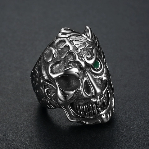 Roestvrij Stalen Schedel Ring Retro Punk Gothic Heren Sieraden Met Groene Strass Ogen