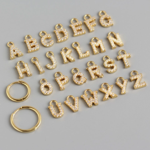 925 Sterling Silver Alphabet Pendant Hoop Earrings For Women DIY Jewelry Gold White Gold Rhinestone Letter A-Z Earrings