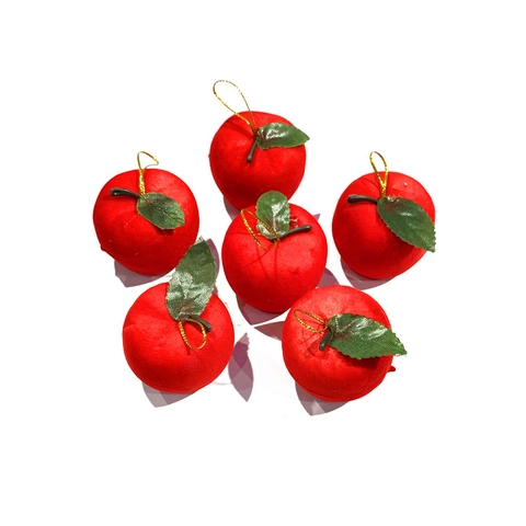 Artificial Red Apple Christmas Tree Ornaments Flocked Foam Festive Holiday Decor With Gold String Green Leaf