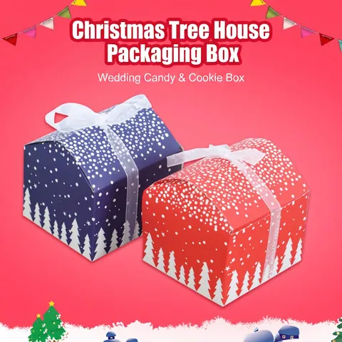 Cajas De Regalo De Navidad De Cartón En Forma De Casa Embalaje De Dulces Y Manzanas Con Copos De Nieve Y Árboles