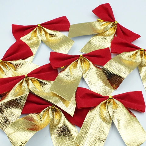 Christmas Bows Ornaments Flocking Fabric Gold Foil Xmas Tree Hanging Ornaments DIY Gift Packing Decor Festive Party