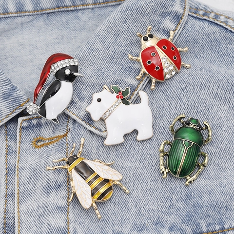Spilla Animale Smalto Vintage Lega Strass Coccinella Ape Pinguino Cane Scarabeo Gioielli Regalo Festa