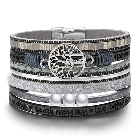 Tree Of Life Multi Layer Wrap Bracelet For Women Bohemian PU Leather Alloy Faux Artificial Pearl Magnetic Clasp Inspirational Quotes