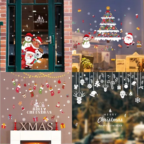 Christmas Wall Stickers PVC Removable Static Window Clings Santa Snowman Reindeer Snowflake Festive Home Decor