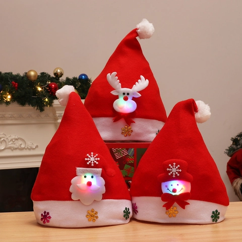 Cappello Di Natale LED Luminoso Babbo Natale Pupazzo Di Neve Renna Applicazione Peluche Paillettes Festa Decoro Adulti Bambini