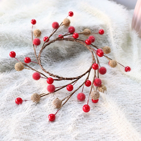 Christmas Berry Wreath Glass Beads Artificial Candle Ring Red Gold Festival Table Decor Handmade Flexible Wire
