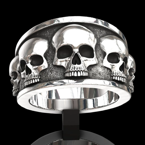 Anello Teschio Uomo Lega Retro Argento Punk Gotico Largo Rilievo Gioielli Biker Scuro Hip Hop Rock Moda Anello