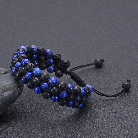 Bracelet Tressé Multi Rangs Avec Perles En Lapis Lazuli Naturel Et Pierre De Lave Noire Cordon Réglable Bijoux Naturels
