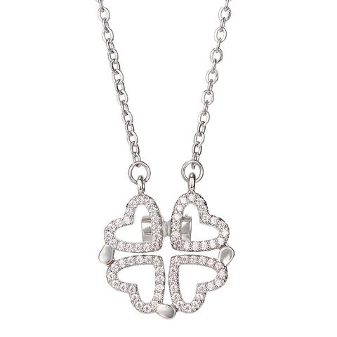 Collana con Pendente a Quadrifoglio a Cuore Magnetico Pieghevole in Rame con Strass Catena Girocollo Gioielli da Donna