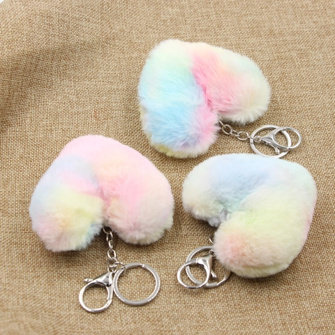Porte-clés en Peluche Souple en Forme de Coeur Dégradé Pendentif de Sac en Fausse Fourrure Anneau de Coeur en Polyester