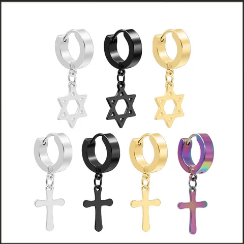 Orecchino A Cerchio In Acciaio Inossidabile Con Ciondolo A Croce Ed Esagramma Punk Hip Hop Gioielli Unisex