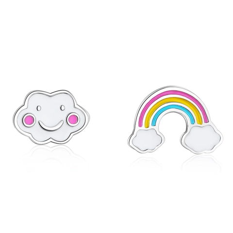 Lindos Pendientes de Botón Asimétricos de Nube y Arcoíris Cobre Esmalte Cara Sonriente Joyería Colorida Con Poste de Plata de Ley 925 para Mujer