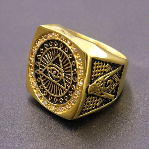 Masonic Signet Ring Stainless Steel All Seeing Eye Rhinestone Vintage Retro Punk Jewelry For Men