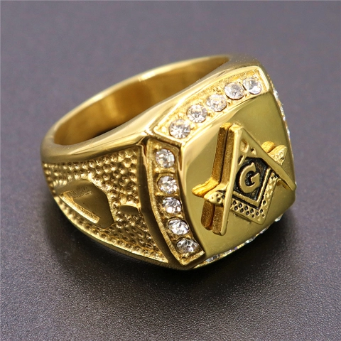 Gold Plated Stainless Steel Masonic Signet Ring With Rhinestones G Symbol Square Compass Wide Band Fashion Jewelry