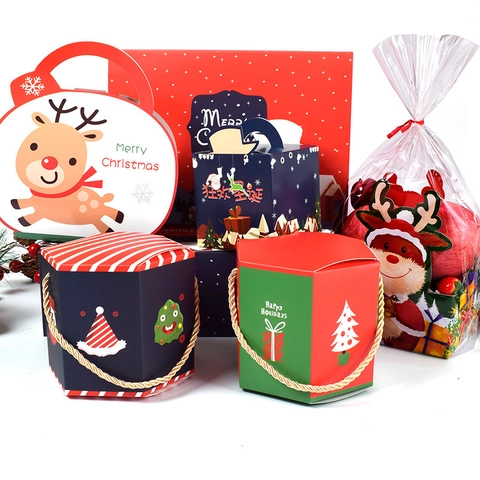 Confezione Regalo Di Natale Imballaggio In Cartone Esagonale Con Manico In Corda Dorata Scatola Per Caramelle Natalizie Motivi Cartoni Animati Festosi