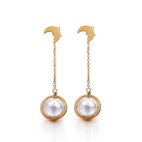 Pendientes Colgantes Luna Creciente Acero Inoxidable Perla Artificial Concha Cadena Larga Borla Joyería Planeta Para Mujer