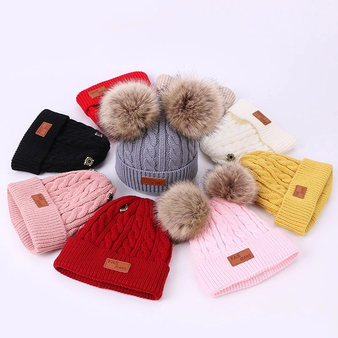 Winter Kinder Kabelpatroon Acryl Beanie Muts Met Nepbont Pompons Warme Peuter Gebreide Muts Voor Jongens Meisjes