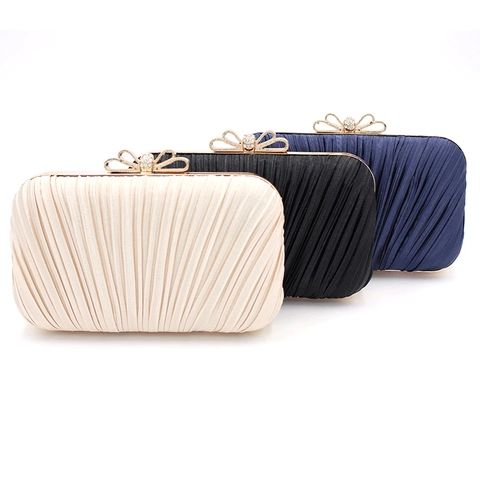 Pleated Satin Evening Clutch Bag With Rhinestone Bow Buckle Elegant Wedding Party Purse For Women