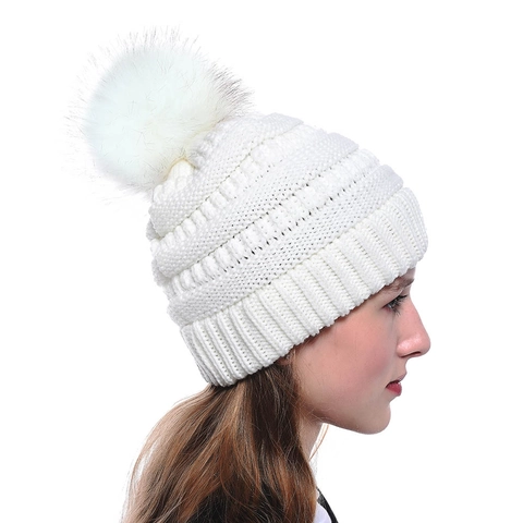 Gorro De Punto De Invierno Para Mujer Con Pompon Grande De Piel Sintetica Punto Grueso Calido Gorro Con Dobladillo