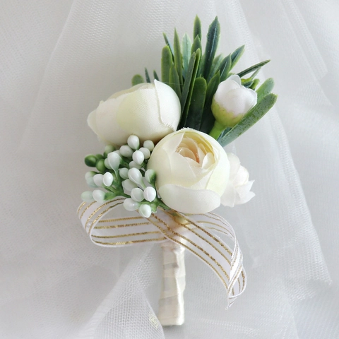 Wedding Boutonniere Satin Peony Flower With Green Leaves Gold Ribbon For Groom Groomsmen Formal Ceremony Party Decor