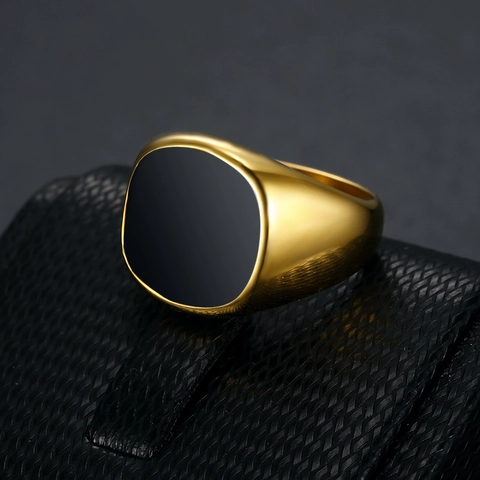 Anillo De Sello Hombre Acero Inoxidable Esmalte Negro Cuadrado Rectángulo Pulido Cepillado Joyería Moda Minimalista