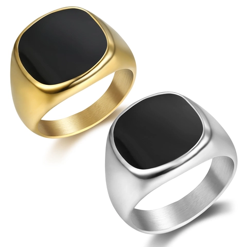 Anillo De Sello Hombre Acero Inoxidable Esmalte Negro Cuadrado Rectángulo Pulido Cepillado Joyería Moda Minimalista