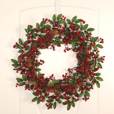 Künstlicher Weihnachts Kranz Mit Roten Beeren Großen Tannenzapfen Grünen Blättern Für Haustür Wandbehang Feiertags Dekoration