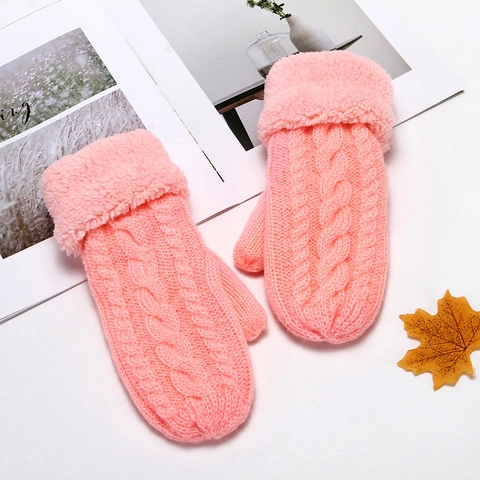 Cable Knit Winter Mittens Thick Warm Plush Cuff Faux Fur Outdoor Thermal Knitted Gloves Women