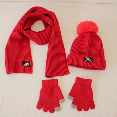 Cappello Scarf E Guanti in Maglia per Bambini Inverno Caldo Berretto con Pompon Sciarpa Guanti Touchscreen per Ragazzi Ragazze
