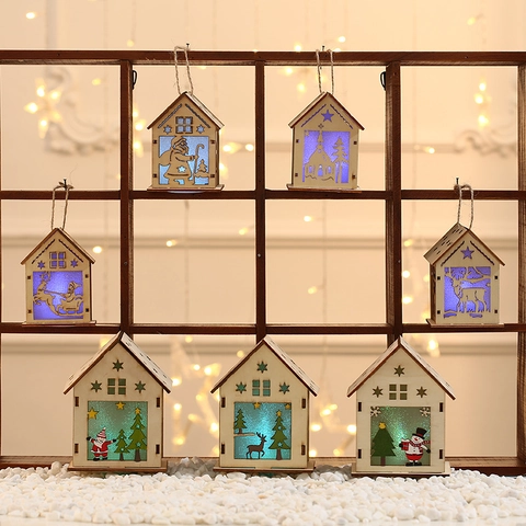 Christmas Wooden House LED Luminous Cabin Ornament Laser Cut Hollow Wood House Xmas Tree Hanging Decorative Light