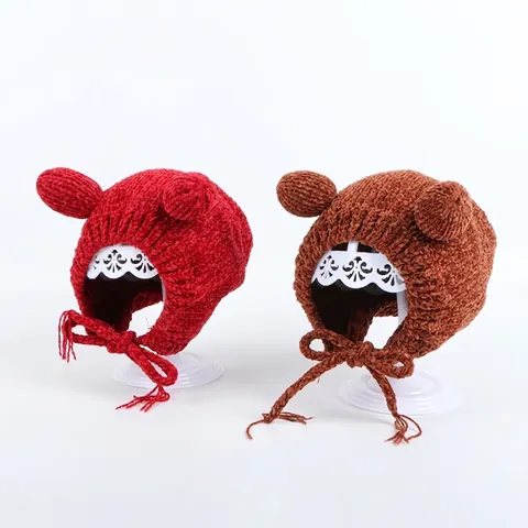 Baby Winter Warm Knitted Ear Protection Hat Chenille Soft Cartoon Bear Ears Braided Straps Windproof Beanie For Infants
