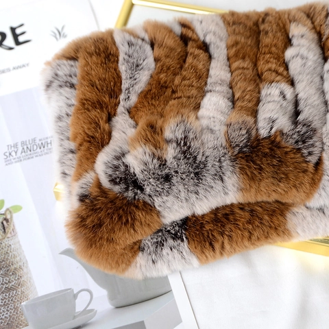 Damen Geflochtener Rex Kaninchenfell Halswärmer Elastischer Winter Rundschal Dick Warm Elegant Mode Einfarbiger Schal