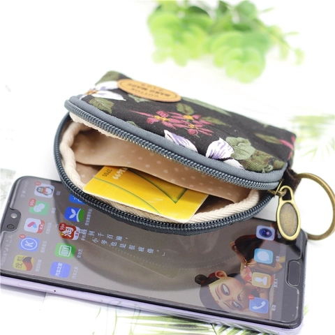 Floral Cotton Coin Purse Semi Circle Key Bag With Zipper Metal Ring Portable Wallet Hand Made Style For Women Girls
