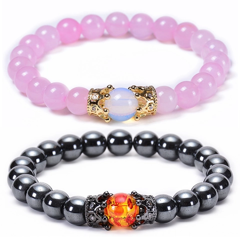 Natural Stone Beaded Bracelet Copper Micro Paved Zircon Crown Charm Healing Crystal Jewelry Elastic Women Men
