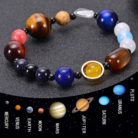 Solar System Planets Natural Stone Bracelet Tiger Eye Lapis Lazuli Universe Galaxy Beaded Jewelry Unisex Gift
