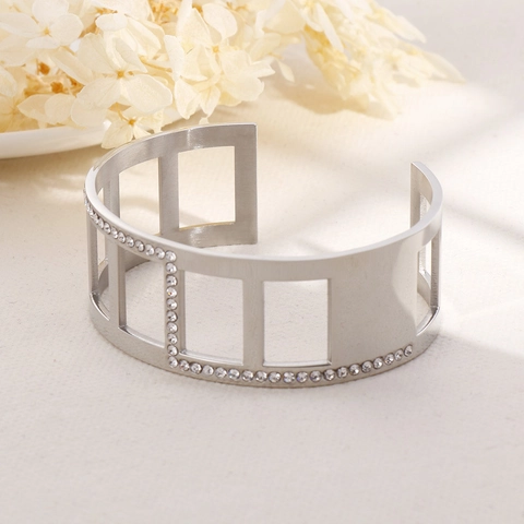 Moderno Bracciale Rigido Aperto in Acciaio Inossidabile per Donna Geometrico Cavo Rettangolare Con Strass Gioielli di Moda